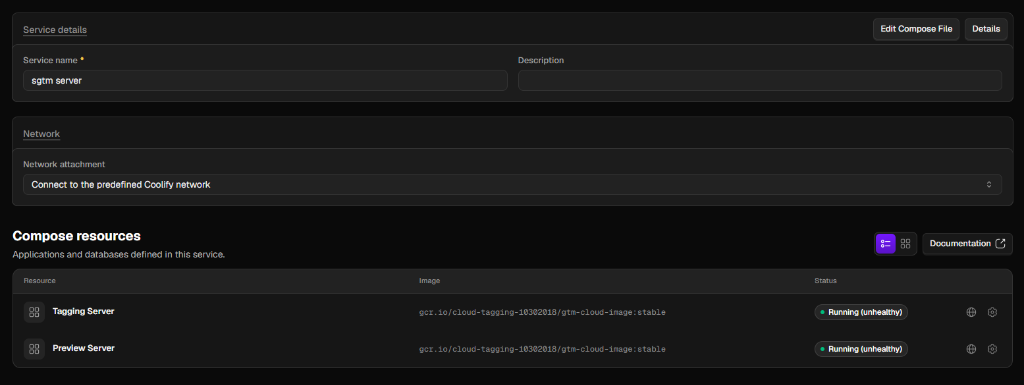Coolify Service Details showing Tagging Server and Preview Server Compose Resources