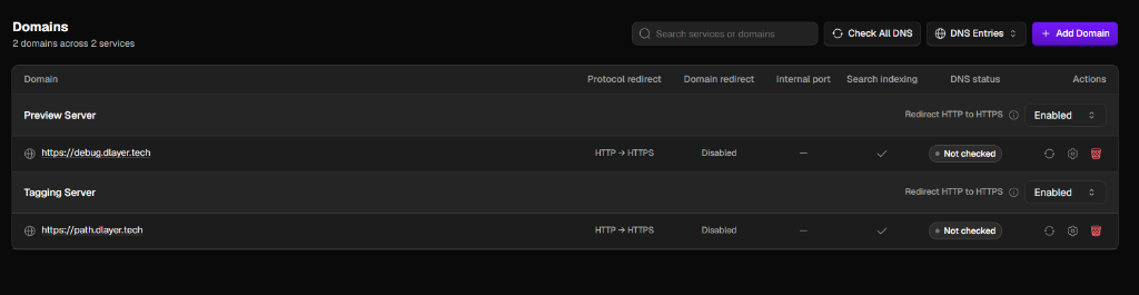 Coolify Domains mapping path.dlayer.tech and debug.dlayer.tech