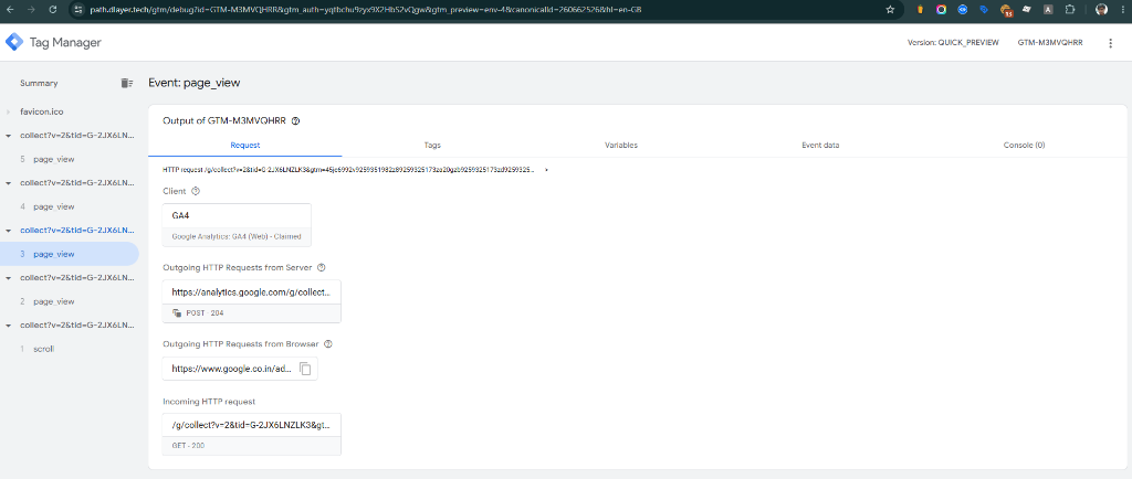 Server GTM Preview Mode showing GA4 Claimed and outgoing POST 204 to Google Analytics