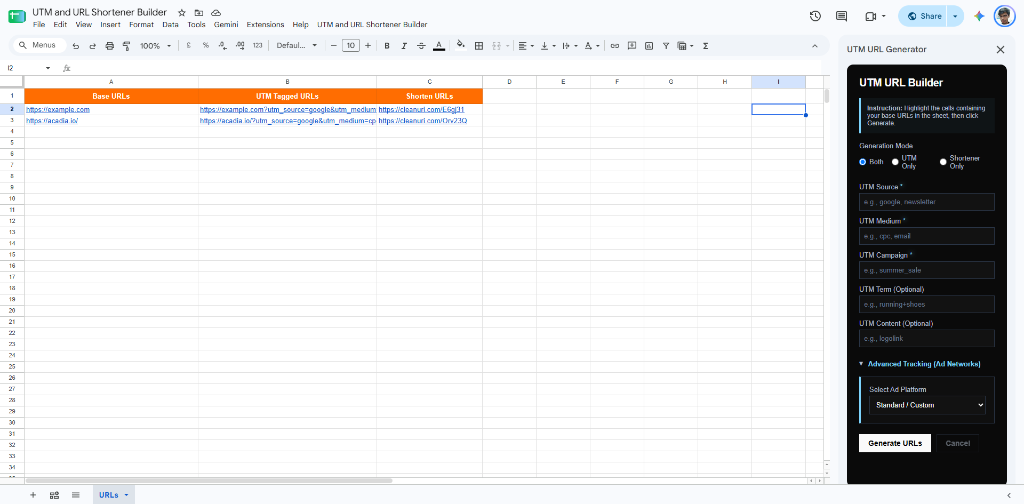 Google Sheets Dark Mode UTM Builder Sidebar
