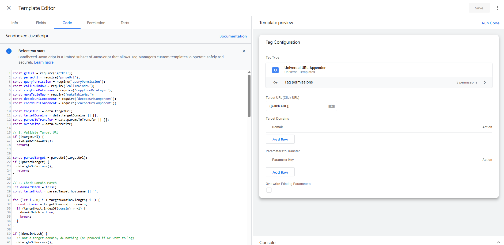 Google Tag Manager Template Editor Sandboxed JavaScript and Preview for Universal URL Appender